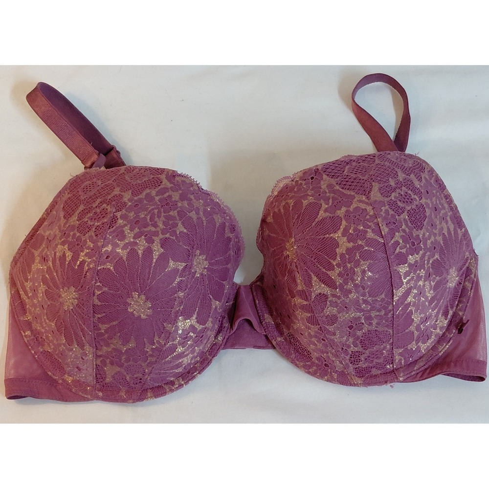 Victoria's Secret Demi Underwire Bra 38D Purple Mauve Gold Shimmer Floral Lace